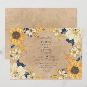 Convites Casamento Floral Amarelo Azul Girassol Kraft Rústi