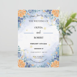 Convites Casamento Floral Amarelo Azul Minimalista Simples