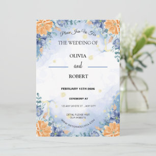 Convites Casamento Floral Amarelo Azul Minimalista Simples