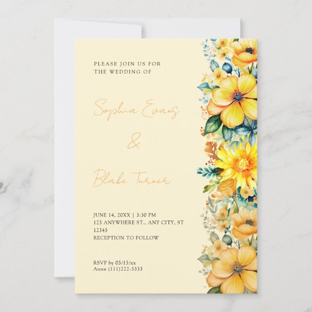 Convites Casamento Floral Amarelo Boêmio (Frente)