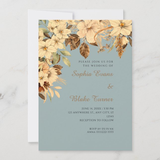 Convites Casamento Floral Amarelo Boho Outono Verde (Frente)