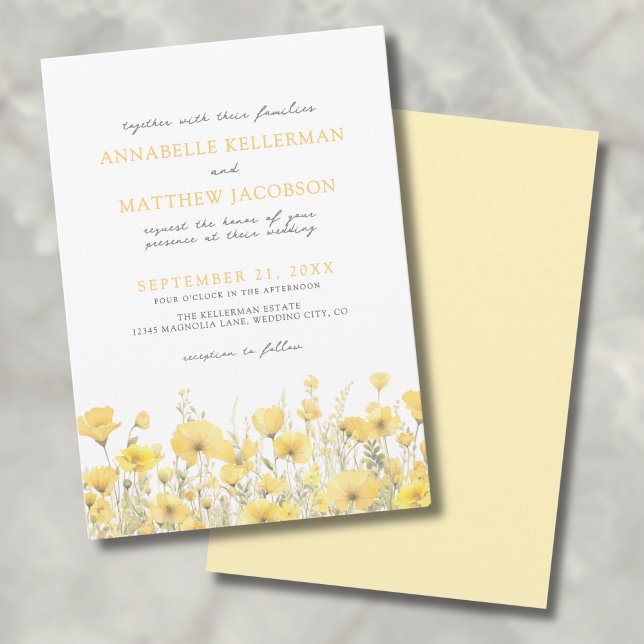 Convites Casamento Floral Amarelo de Flores Silvestres Botâ (Botanical Wildflower Yellow Floral Wedding Invitation)