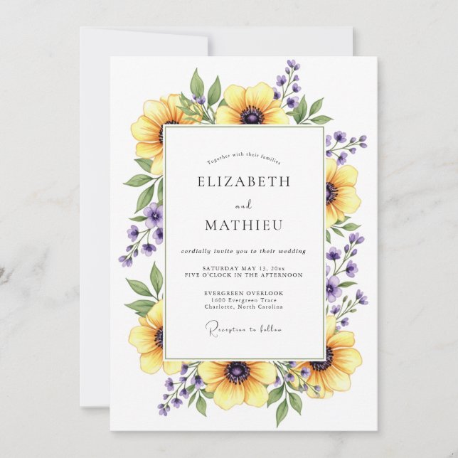 Convites Casamento Floral Amarelo de Primavera (Frente)