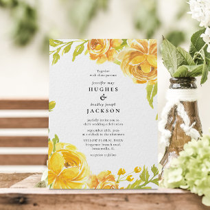 Convites Casamento Floral Amarelo de Verão em Aquarela Eleg