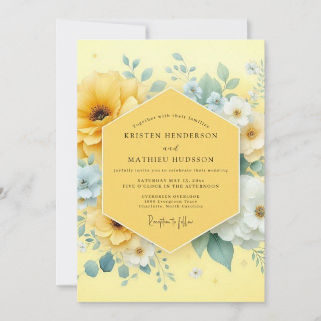 Convites Casamento Floral Amarelo Dourado (Frente)