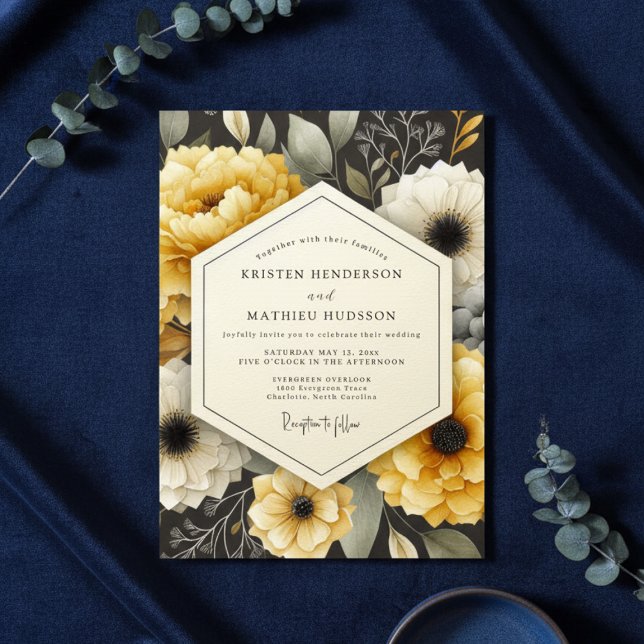 Convites Casamento Floral Amarelo Dourado de Outono (Criador carregado)