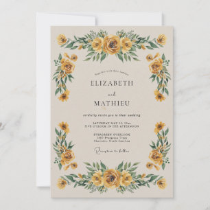 Convites Casamento Floral Amarelo Dourado de Outono