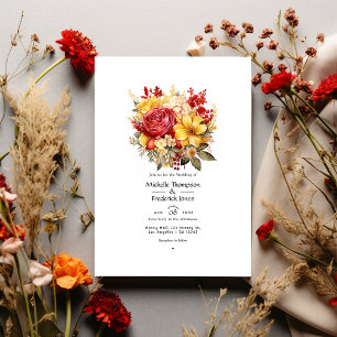 Convites Casamento Floral Amarelo Dourado e Vermelho de Bat