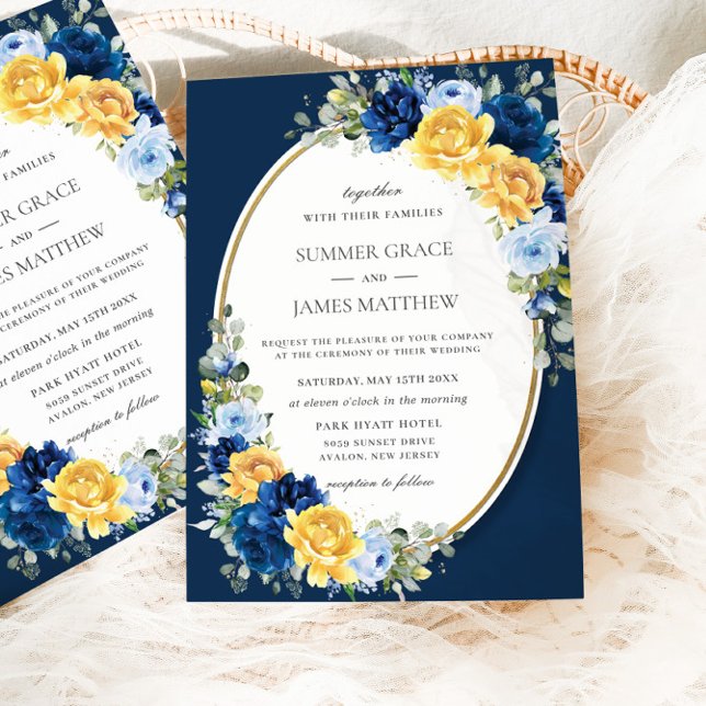 Convites Casamento Floral Amarelo e Azul Encantante (Criador carregado)
