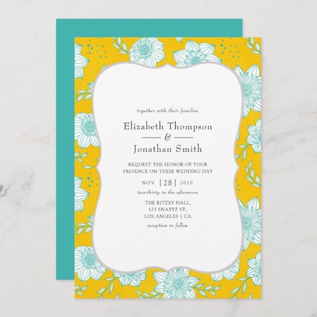Convites Casamento Floral Amarelo e Teal (Frente/Verso)