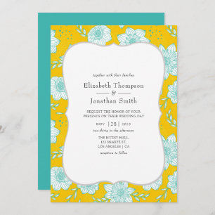 Convites Casamento Floral Amarelo e Teal