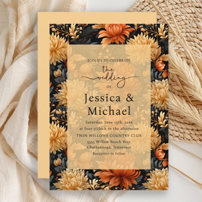 Convites Casamento Floral Amarelo Laranja Autumn (Burnt orange and yellow floral autumn wedding invitation)