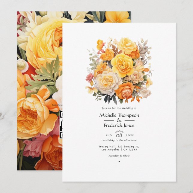 Convites Casamento Floral Amarelo, Laranja e Marfim (Frente/Verso)