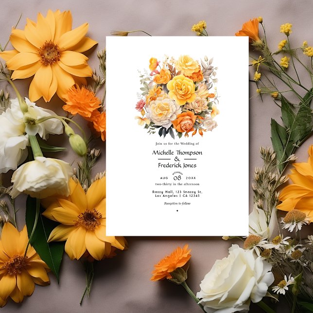 Convites Casamento Floral Amarelo, Laranja e Marfim (Criador carregado)