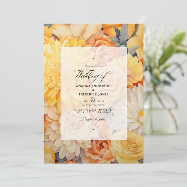 Convites Casamento Floral Amarelo, Laranja e Marfim (Em pé/Frente)