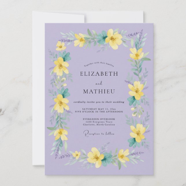 Convites Casamento Floral Amarelo Lavanda Primavera (Frente)