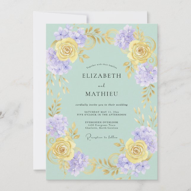 Convites Casamento Floral Amarelo Menta Romance (Frente)