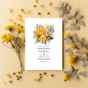 Convites Casamento Floral Amarelo Mostarda e Cinza Claro