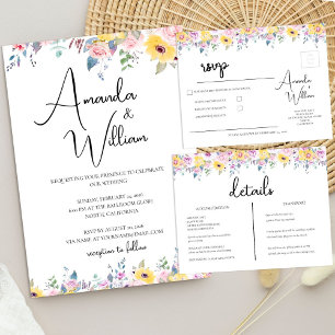 Convites Casamento Floral Amarelo Mostarda e Lavanda Modern