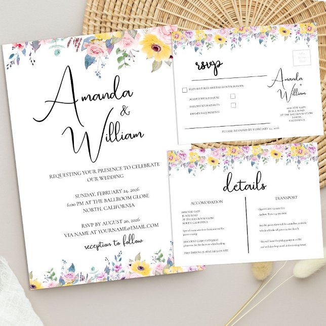 Convites Casamento Floral Amarelo Mostarda e Lavanda Modern (Modern Mustard Yellow and Lavender Floral Wedding Invitation)