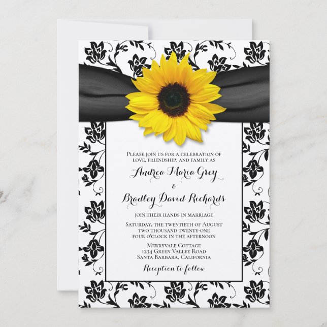 Convites Casamento Floral Amarelo Negro Damasco (Frente)