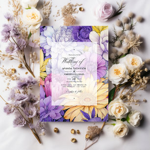 Convites Casamento Floral Amarelo-Pálido, Lavanda e Prata