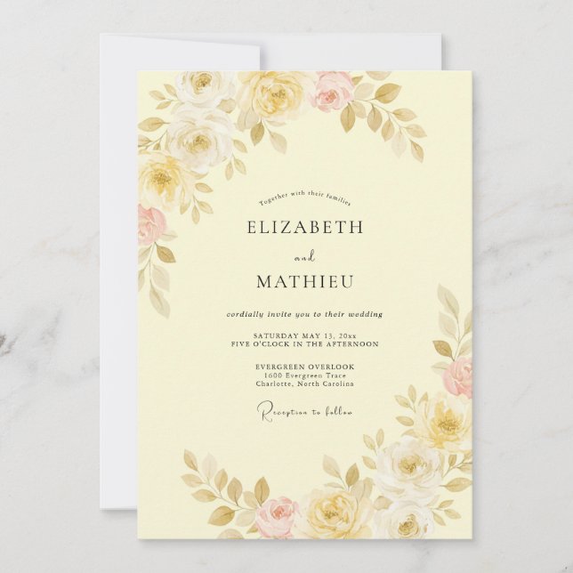 Convites Casamento Floral Amarelo Pastel Em Abraço (Frente)