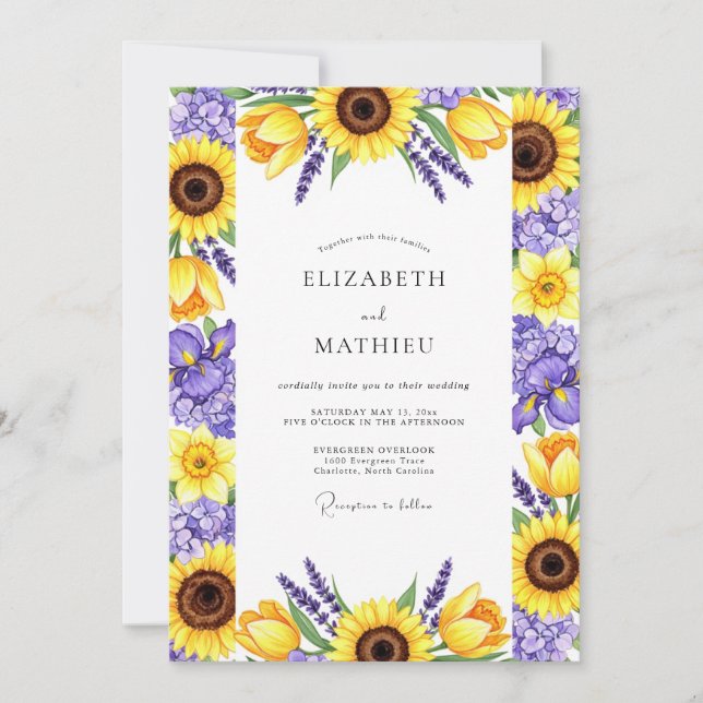 Convites Casamento Floral Amarelo Roxo (Frente)