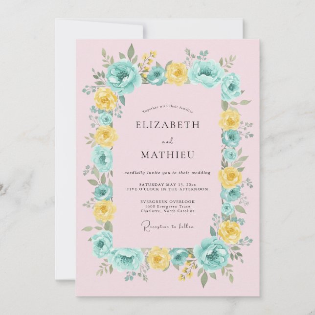 Convites Casamento Floral Amarelo Turquesa (Frente)