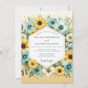 Convites Casamento Floral Amarelo Turquesa