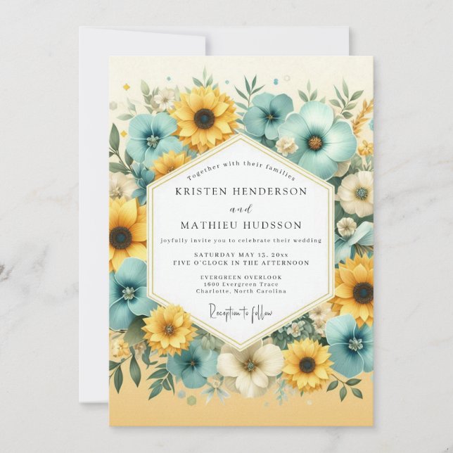 Convites Casamento Floral Amarelo Turquesa (Frente)