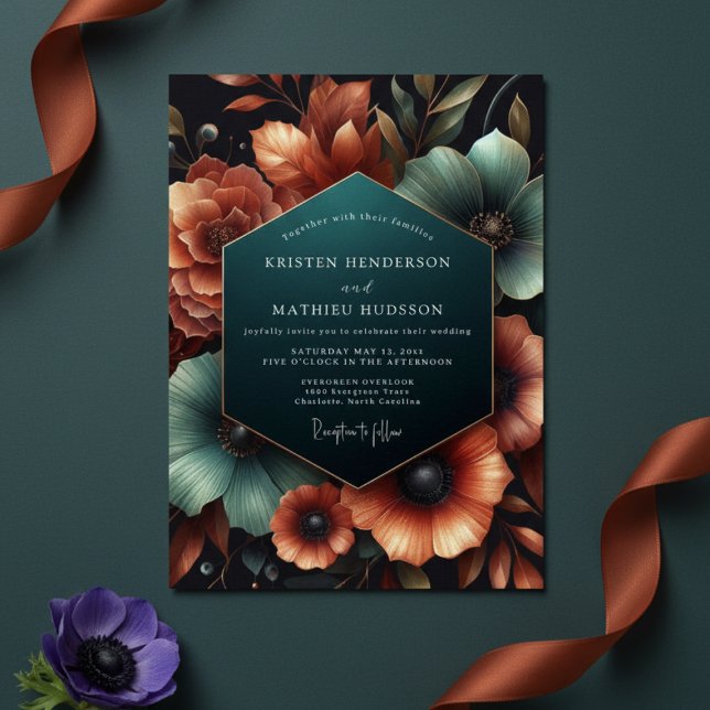 Convites Casamento Floral Âmbar Turquesa Temperamental (Criador carregado)