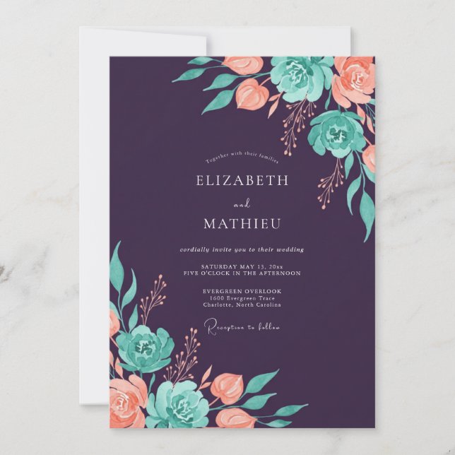 Convites Casamento Floral Ameixa Pêssego Turquesa (Frente)