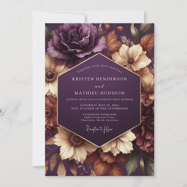 Convites Casamento Floral Ameixa Sombrio (Frente)