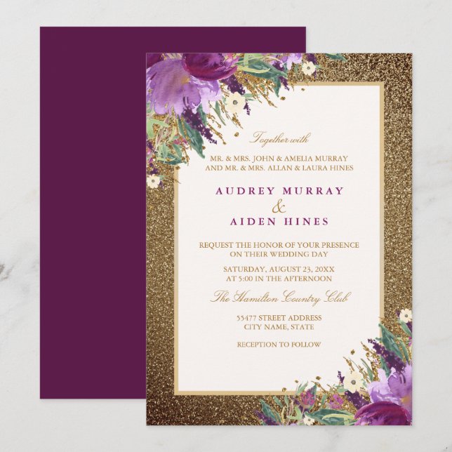 Convites Casamento Floral Ametist Dourado Roxo-Lápida (Frente/Verso)