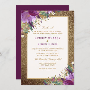 Convites Casamento Floral Ametist Dourado Roxo-Lápida