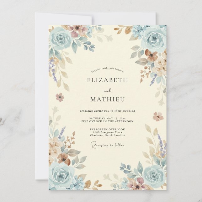 Convites Casamento Floral Antigo Azul Claro (Frente)
