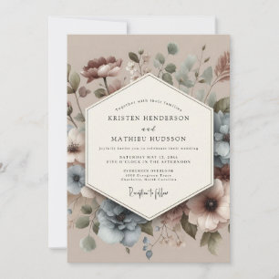 Convites Casamento Floral Antigo Azul Empoeirado