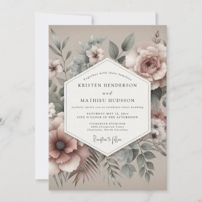 Convites Casamento Floral Antigo Rosa Empoeirado (Frente)