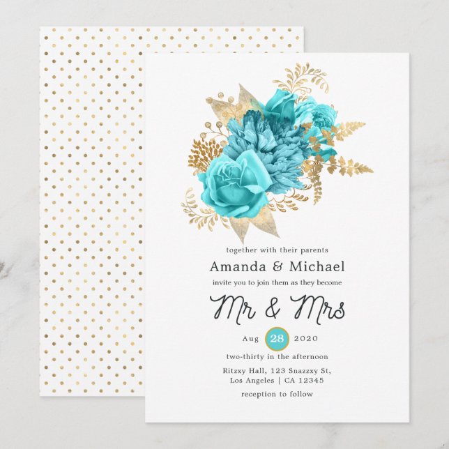 Convites Casamento Floral Aqua e Dourado (Frente/Verso)