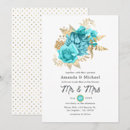 Convites Casamento Floral Aqua e Dourado
