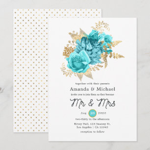 Convites Casamento Floral Aqua e Dourado