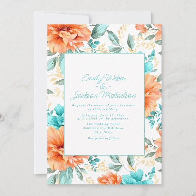 Convites Casamento Floral Aqua Peach Watercolor (Frente)