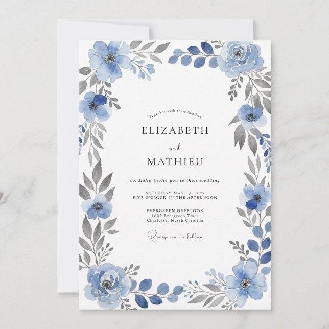 Convites Casamento Floral Aquarela Azul Aço (Frente)