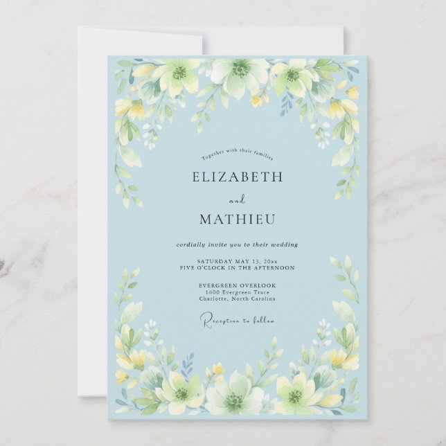 Convites Casamento Floral Aquarela Azul Claro (Frente)