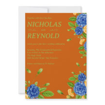Casamento Floral Aquarela Azul e Laranja Queimada