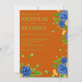 Convites Casamento Floral Aquarela Azul e Laranja Queimada