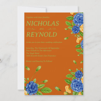 Convites Casamento Floral Aquarela Azul e Laranja Queimada