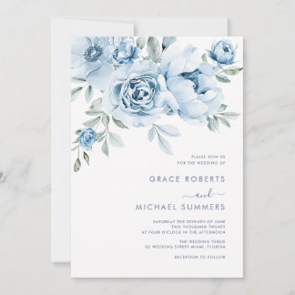 Convites Casamento Floral Aquarela Azul Empoeirado