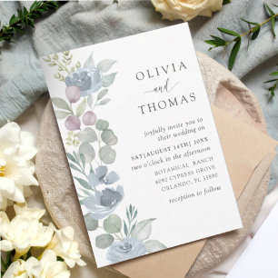 Convites Casamento Floral Aquarela Azul Empoeirado Rústico